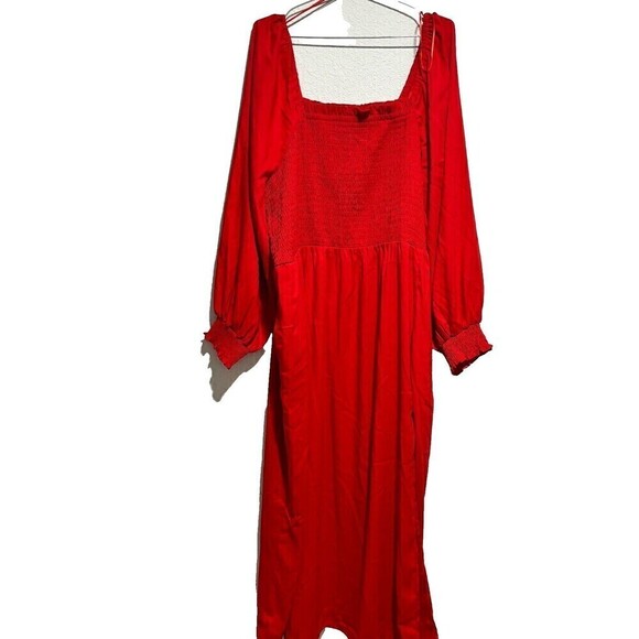 La Linge Square Neck Smocked Side Slit Fit & Flare Dress Red 2X Ballon Sleeve - Picture 2 of 11